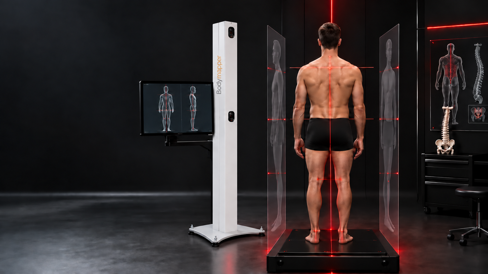 Statikdokumentation in Rückansicht mit weißem Bodymapper-Scanner und Haltungslinien